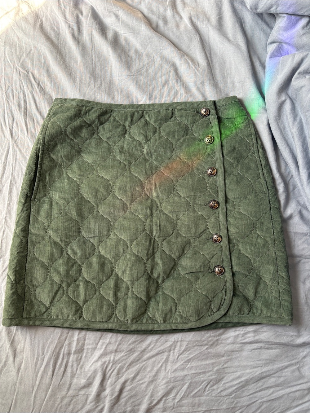 Quilted Sage Green Button-Front Mini Skirt